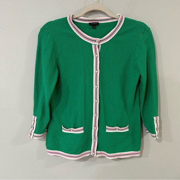 Talbots Green Pearl Button Down Cardigan Sweater  Pink White Trim Size XS - Picture 2 of 8
